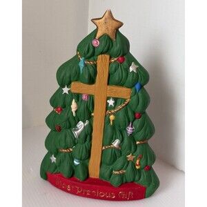 Vintage Ceramic Christmas Tree Cross Most Precious Gift 8.5” Hand Painted Jesus